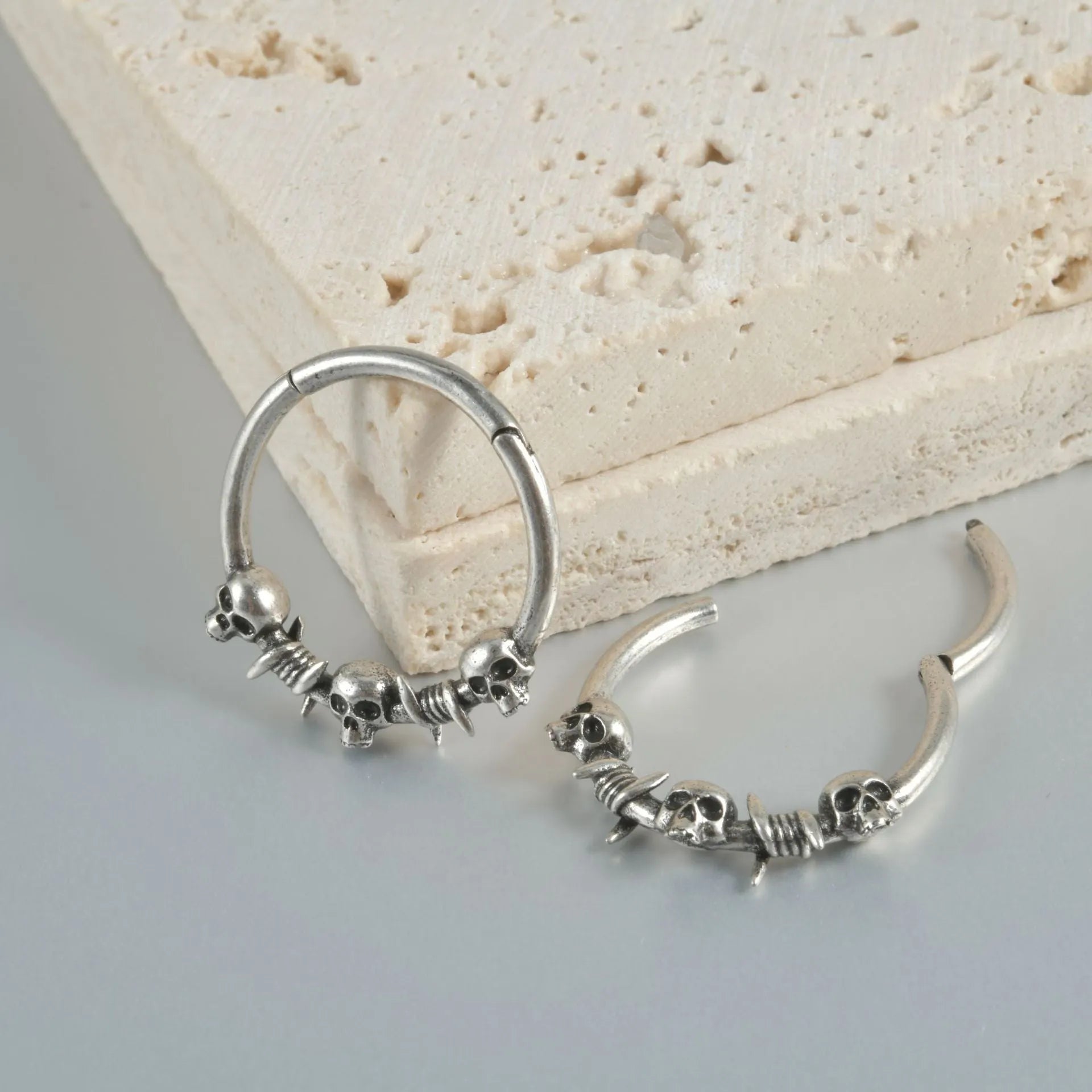 Copper punk earrings with ghost head design in antique silver or ancient gold finish