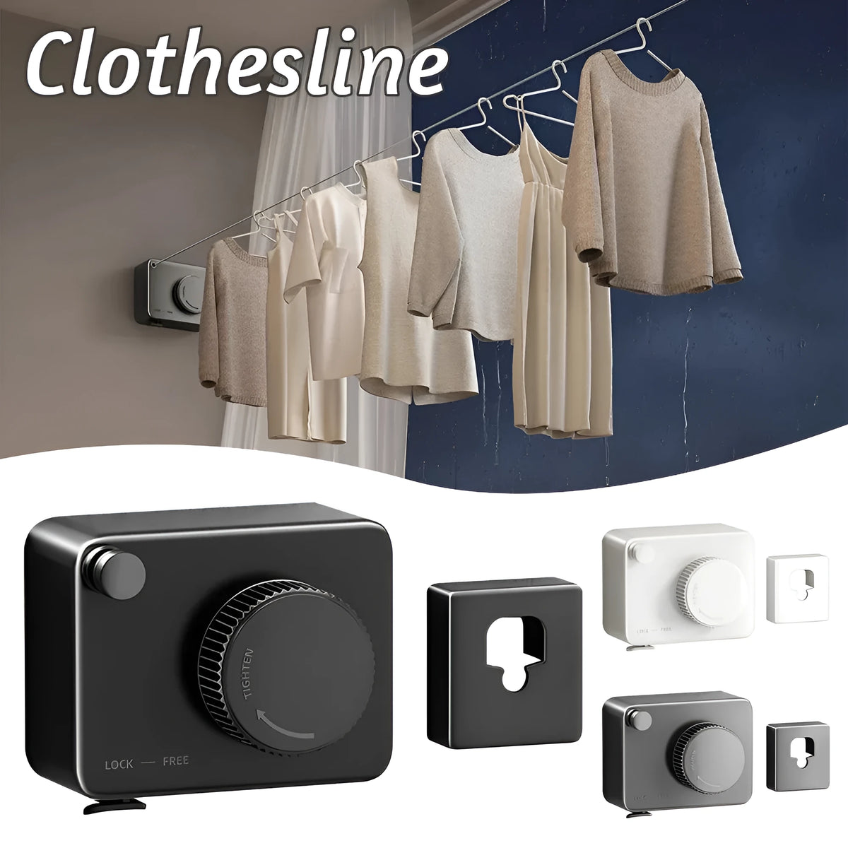 Gun grey retractable wall mounted clothesline extended to 4.8m with clothes hanging, ABS stainless steel construction