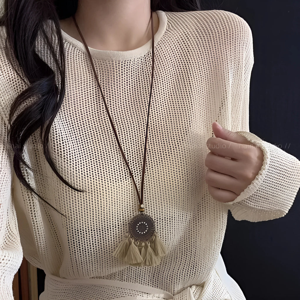 Retro ethnic style tassel long pendant necklace with geometric copper alloy and acrylic pendant for women
