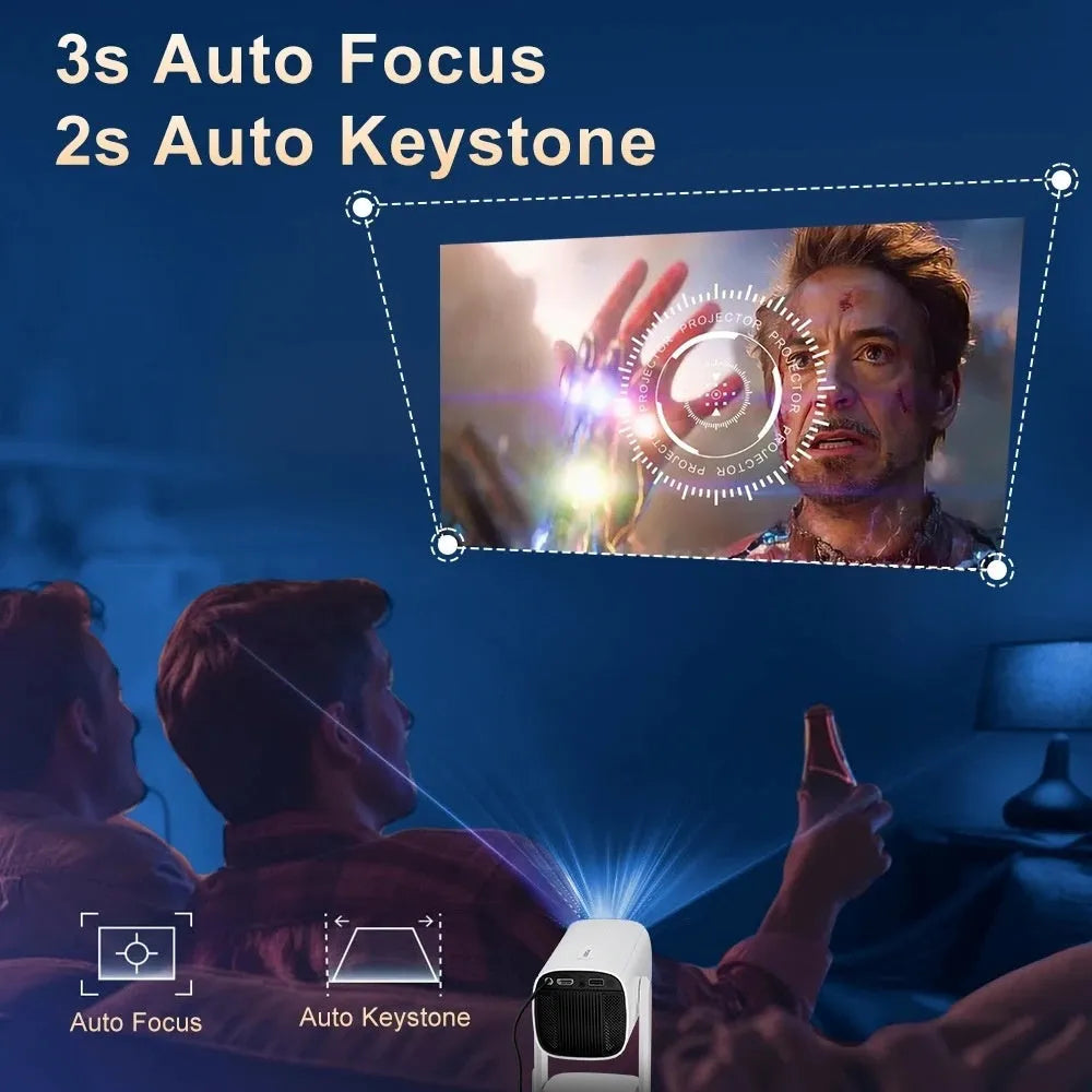 White portable 720p HD video projector with built-in battery, 230ANSI brightness, and remote control for home bedroom use