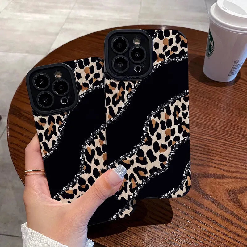 Black stitching leopard print imitation leather drop-resistant phone case for Apple iPhone models