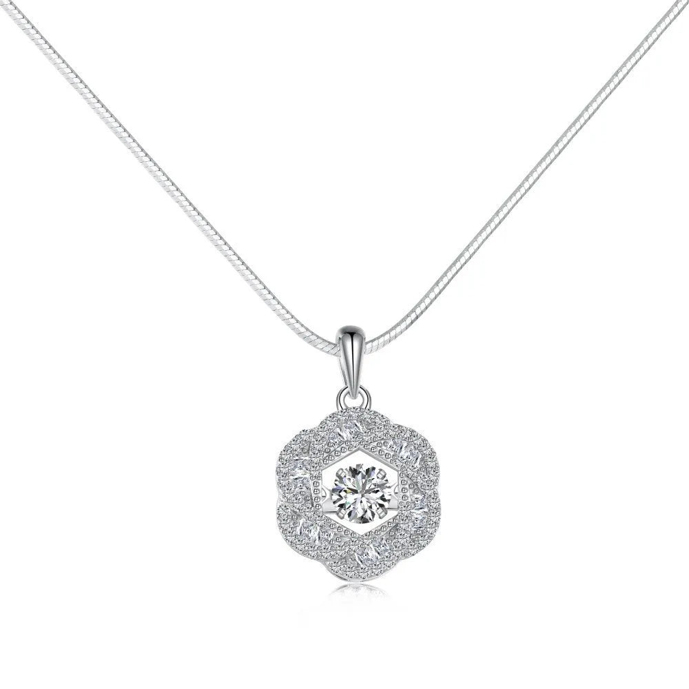 925 silver flower shape necklace for women with platinum electroplated finish and geometric floral pendant