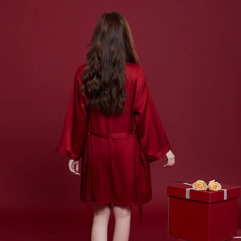 Red ice silk wedding dowry sleepwear set for men and women with long sleeves and trousers