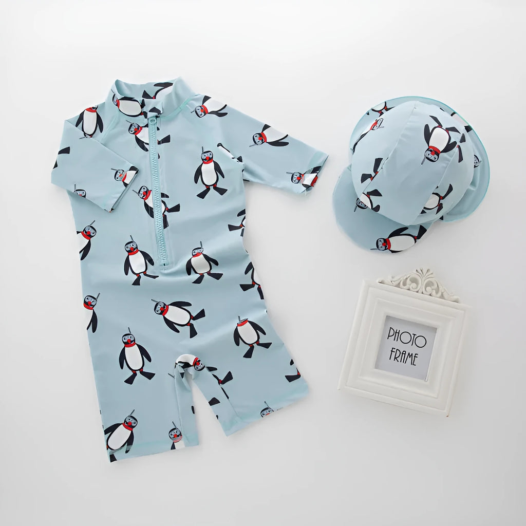 Boys' penguin print long sleeve swimsuit with matching swimming cap for sun protection