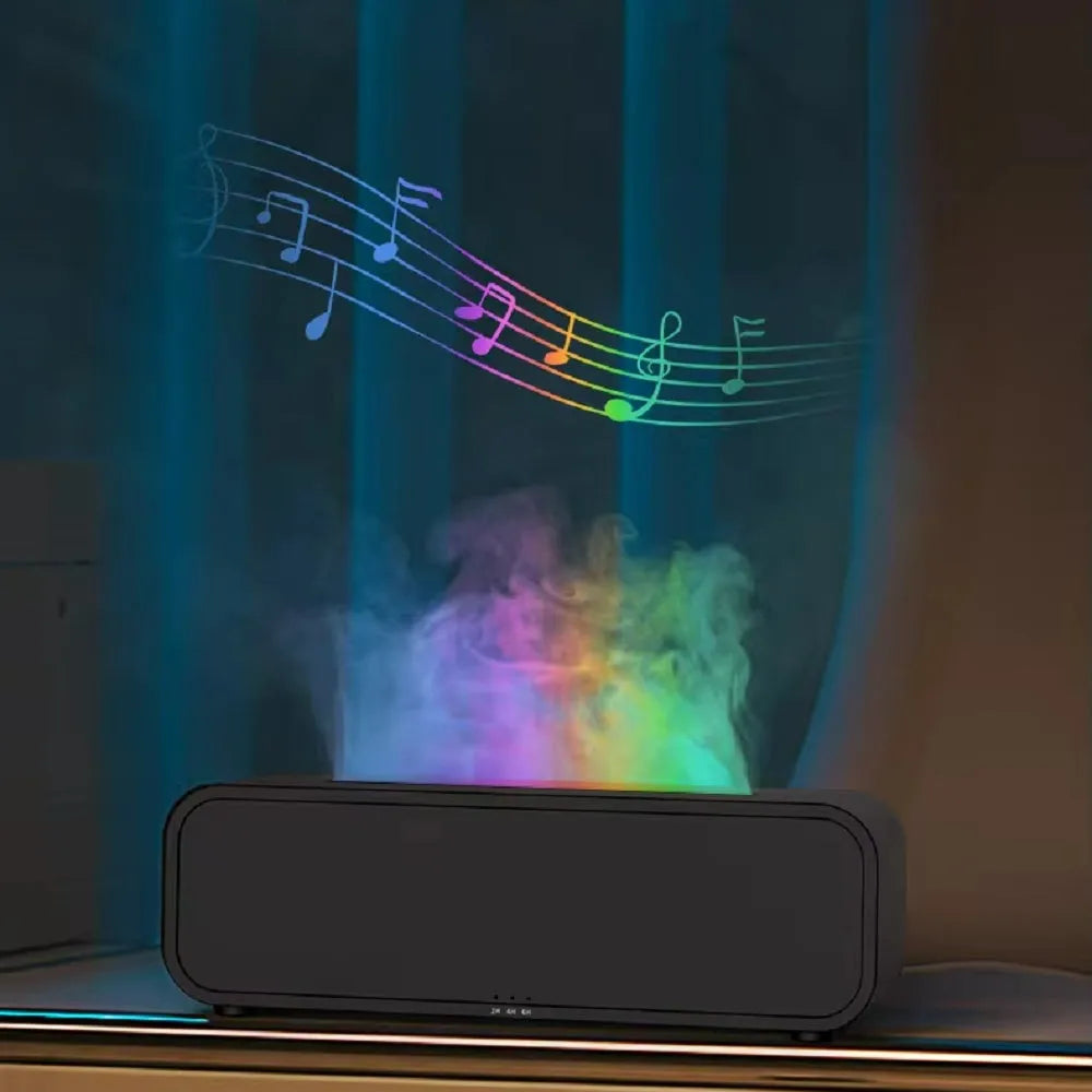 Black Flame Dynamic aroma diffuser with flickering light effect and remote control on a table.