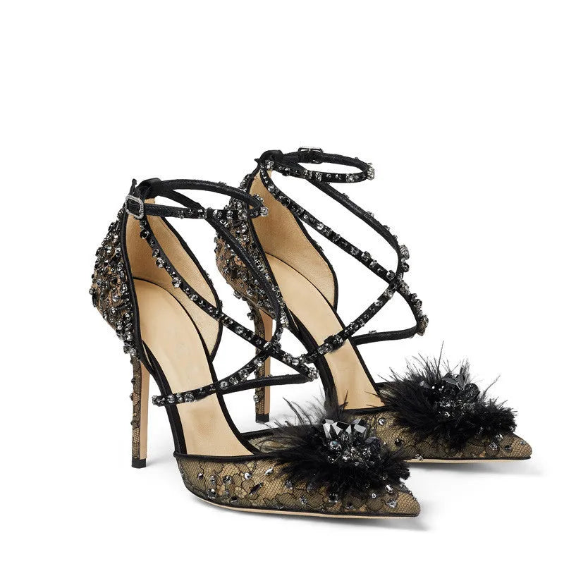 Nude lace rhinestone floral pointed-toe pump with super high heel over 8cm and one-word buckle.