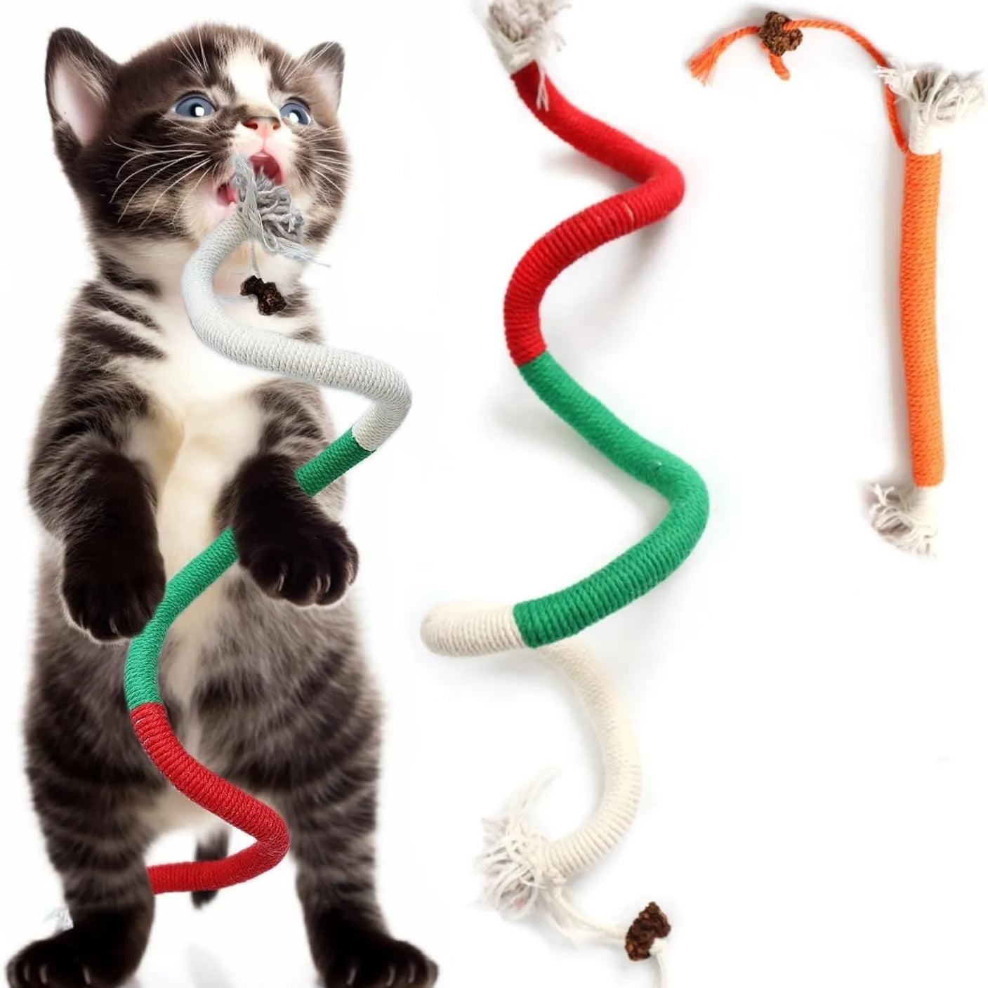 70cm cotton cat bite rope in three colour combinations: purple, orange, and red with green