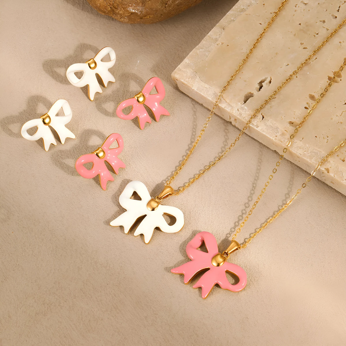 White bowknot pendant necklace on adjustable stainless steel chain 41-50cm length