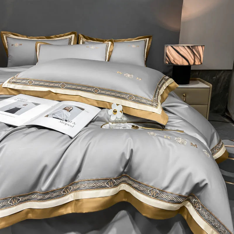 All-cotton four-piece bedding set with quilt cover, bed sheet and pillowcase in four colours