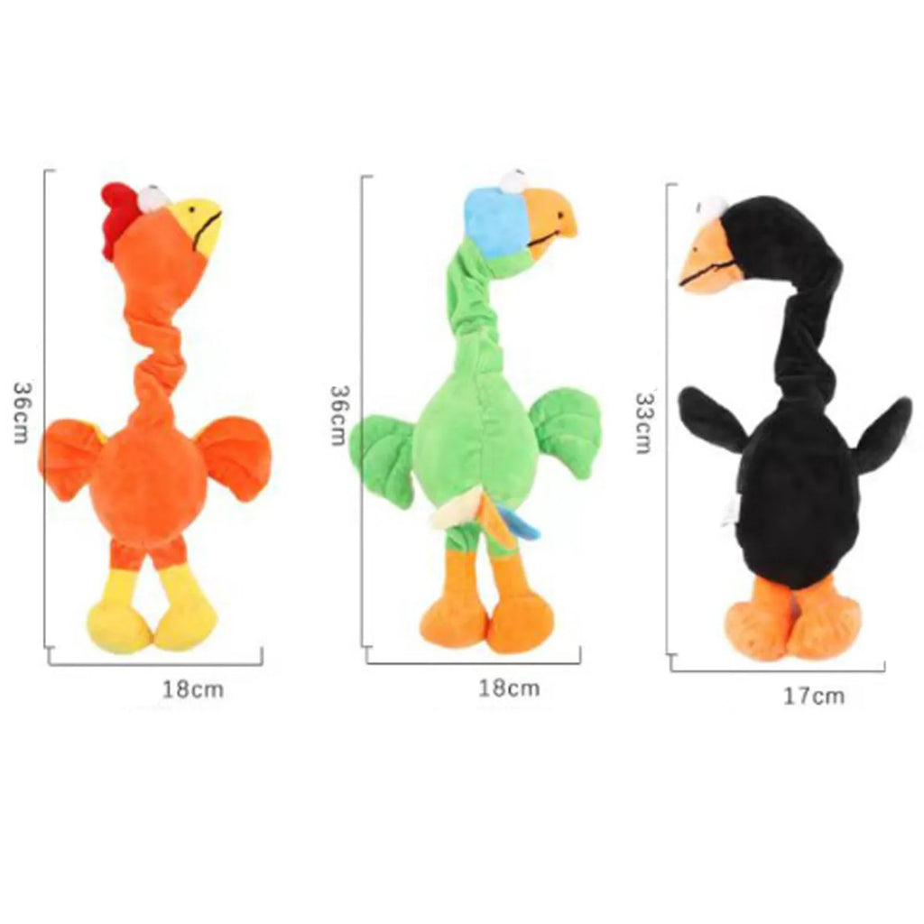 Black, green, and orange screaming chicken sound squeaky dog chew toy on a plain background