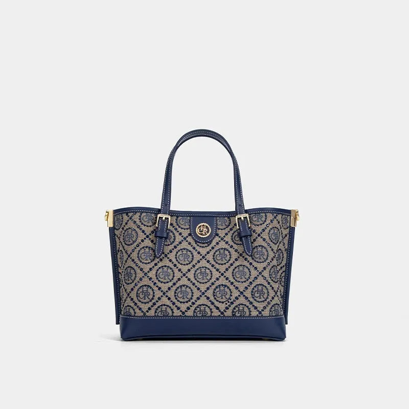 Blue PU tote bag with jacquard star diamond pattern, 29x15.5x19cm, horizontal square shape, small portable size