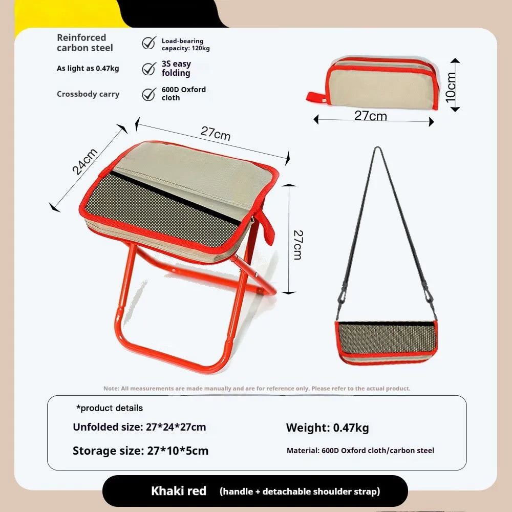 Outdoor foldable camp chair stool in Oxford cloth showing pencil box stool design and colour options