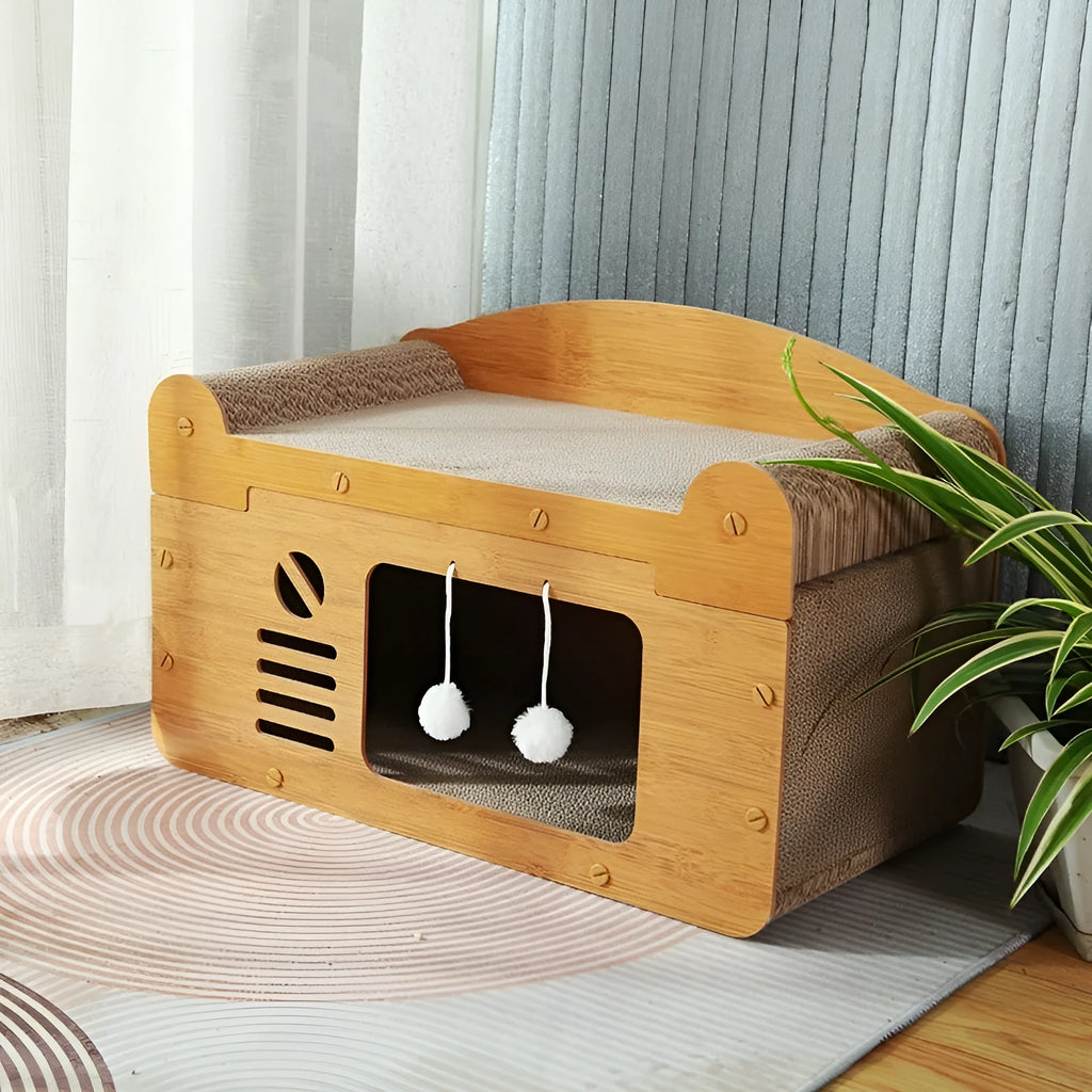 Double-layer corrugated paper cat house with two arched doorways in Double Ball Double Door colour