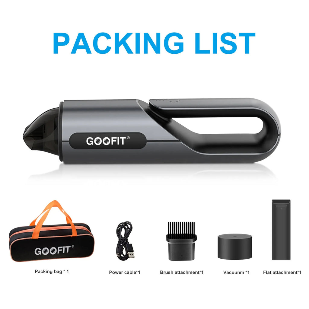 Black wireless handheld car vacuum cleaner with brush and flat attachments on vehicle seat