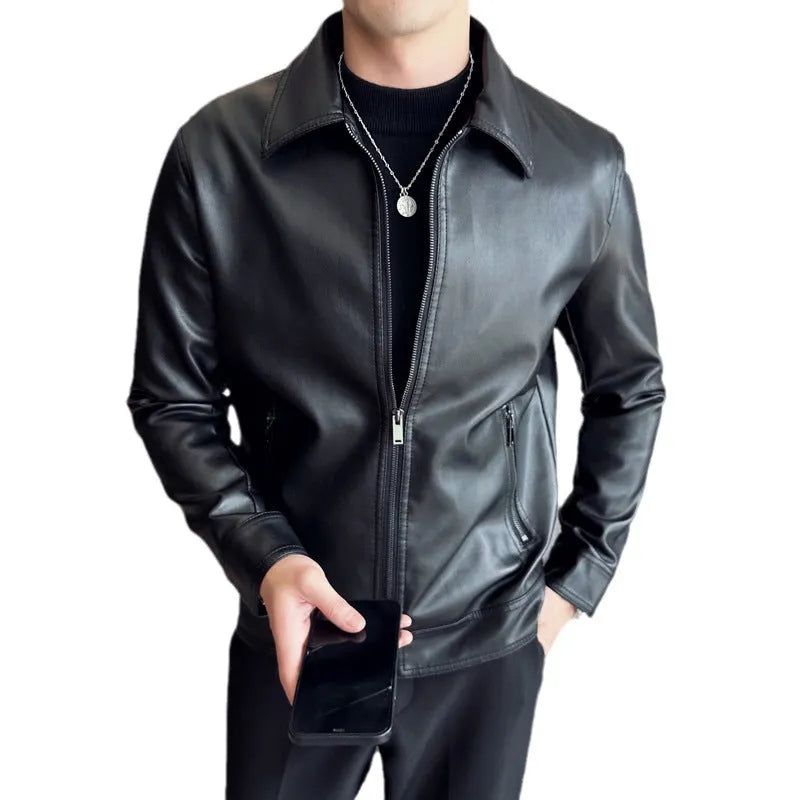 Men's black PU leather jacket with zippered pockets and loose fit design