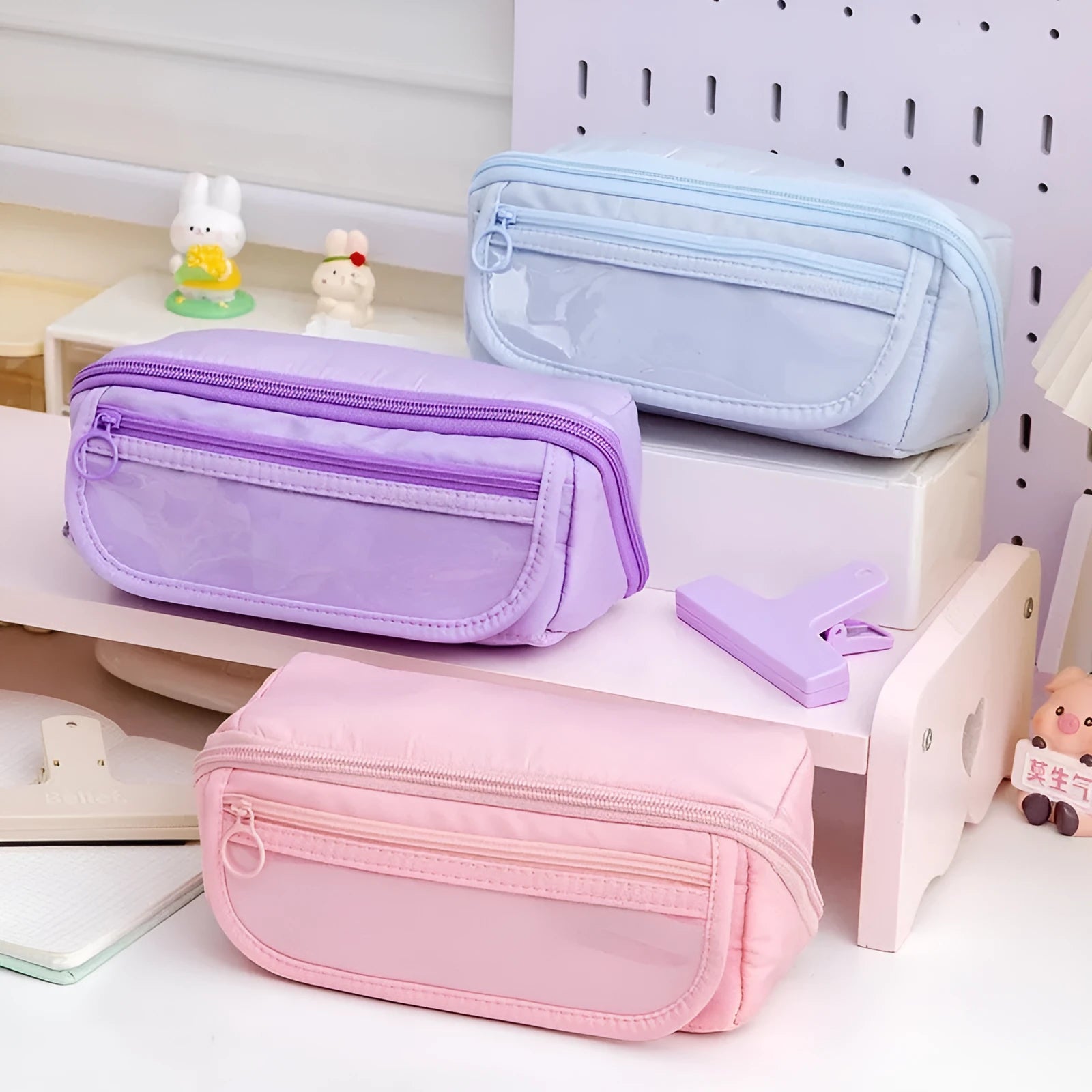 Korean style canvas pencil case with ten-layer flip design shown in various colours