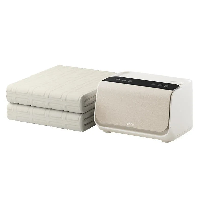 Aideng white electric underblanket with separate smart host controller on a bed.