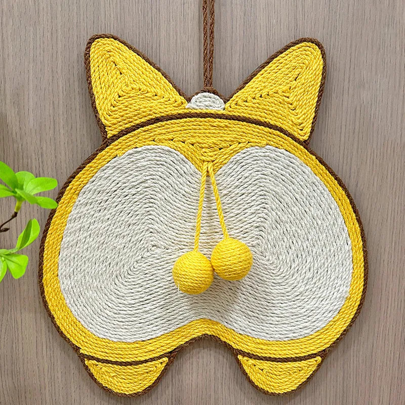 Yellow cat scratching pad with Corgi dog butt design, made from sisal with a grey anti-slip base.