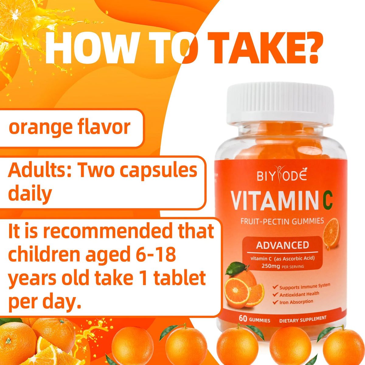 Vitamin C gummies bottle with 60 gummies, vegan sugar-free OEM/ODM private label supplement