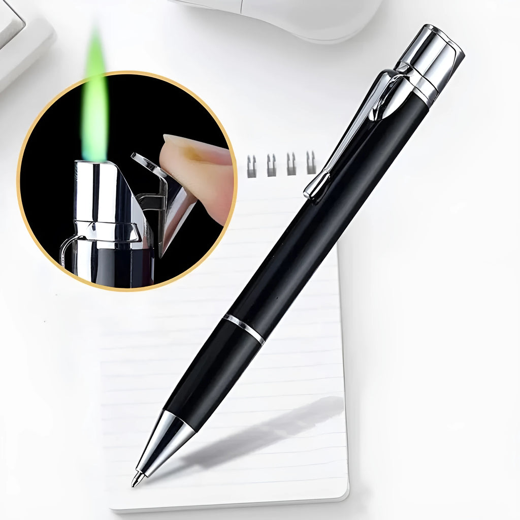 Slim metal windproof jet lighter pen in assorted colours showing refillable butane port and ignition button.