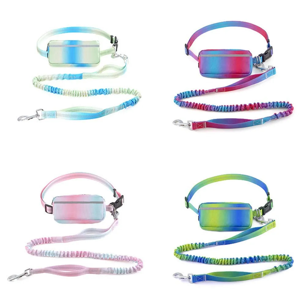 Adjustable hands-free dog leash with waist belt in blue green pink red colours for walking and running