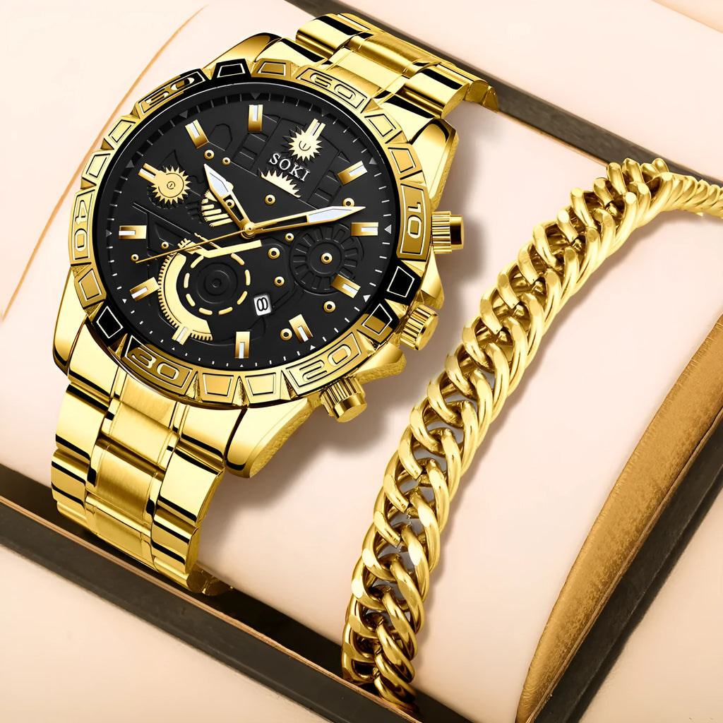 Men's gold-colour stainless steel business watch with calendar display on white dial