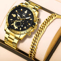 Men's gold-colour stainless steel business watch with calendar display on white dial