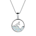 Geometric sea fishtail pendant necklace with a round blue opal and white gold electroplated finish.