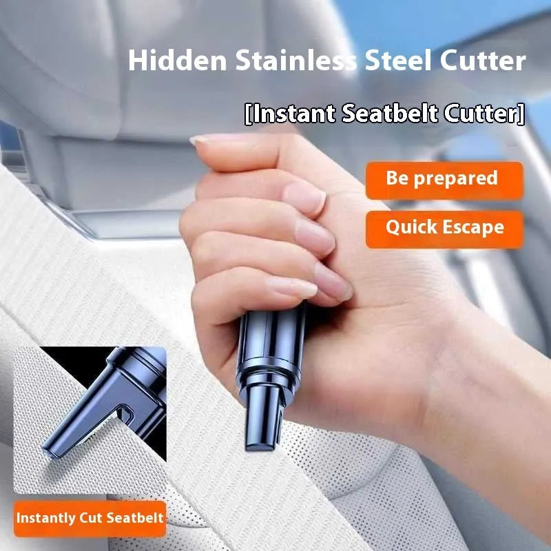 Black and red car safety life hammer with spring-loaded window breaker and seatbelt cutter.