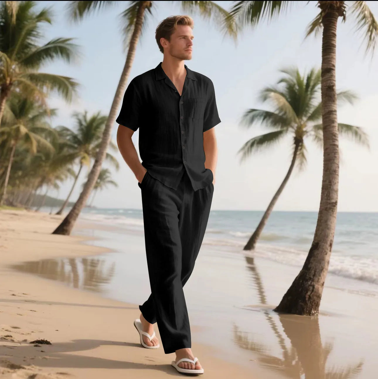 Two-piece casual linen-blend button polo beach suit with short sleeves and trousers in khaki colour