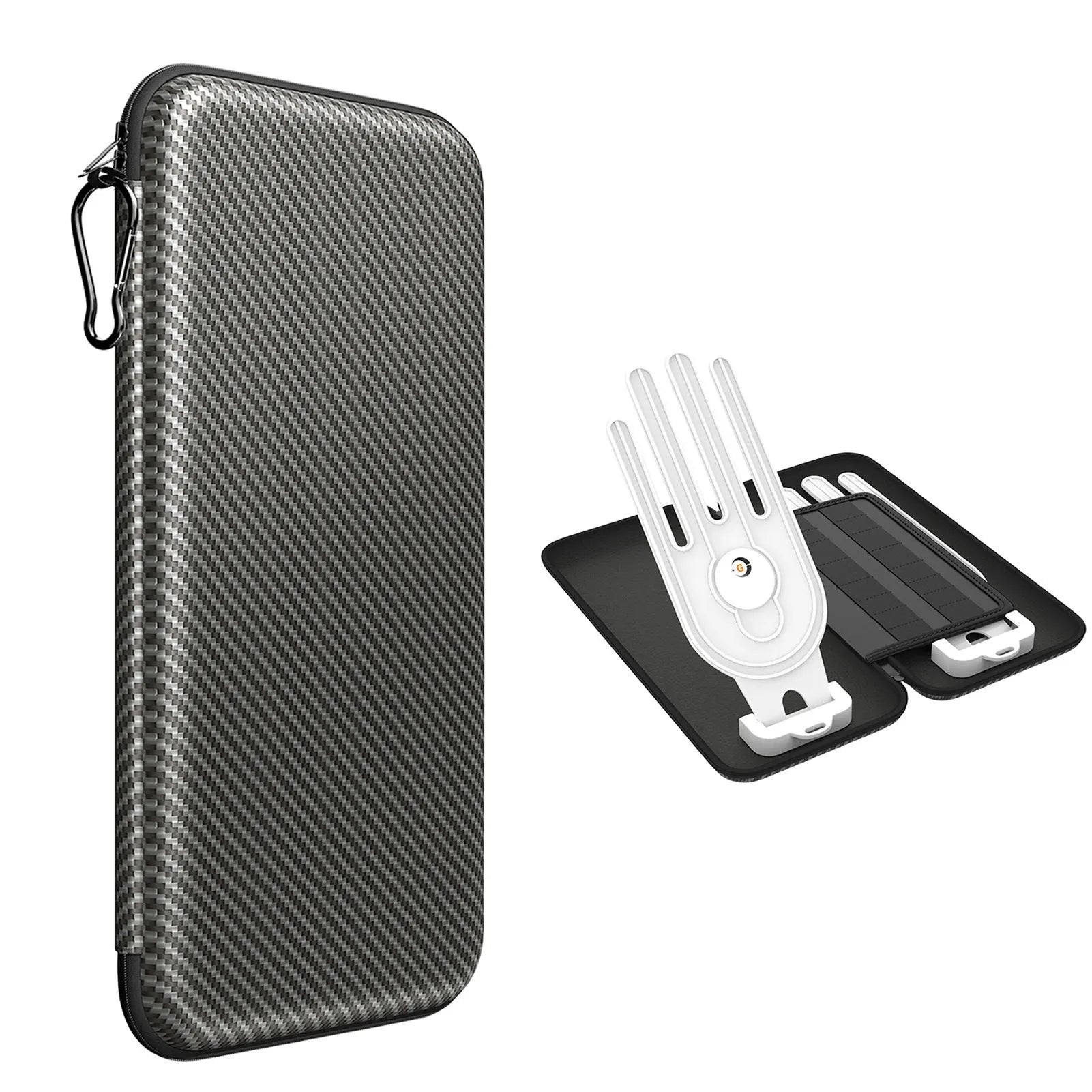 Silver grey fabric golf glove storage bag for two pairs, shown with two metal marking brackets.