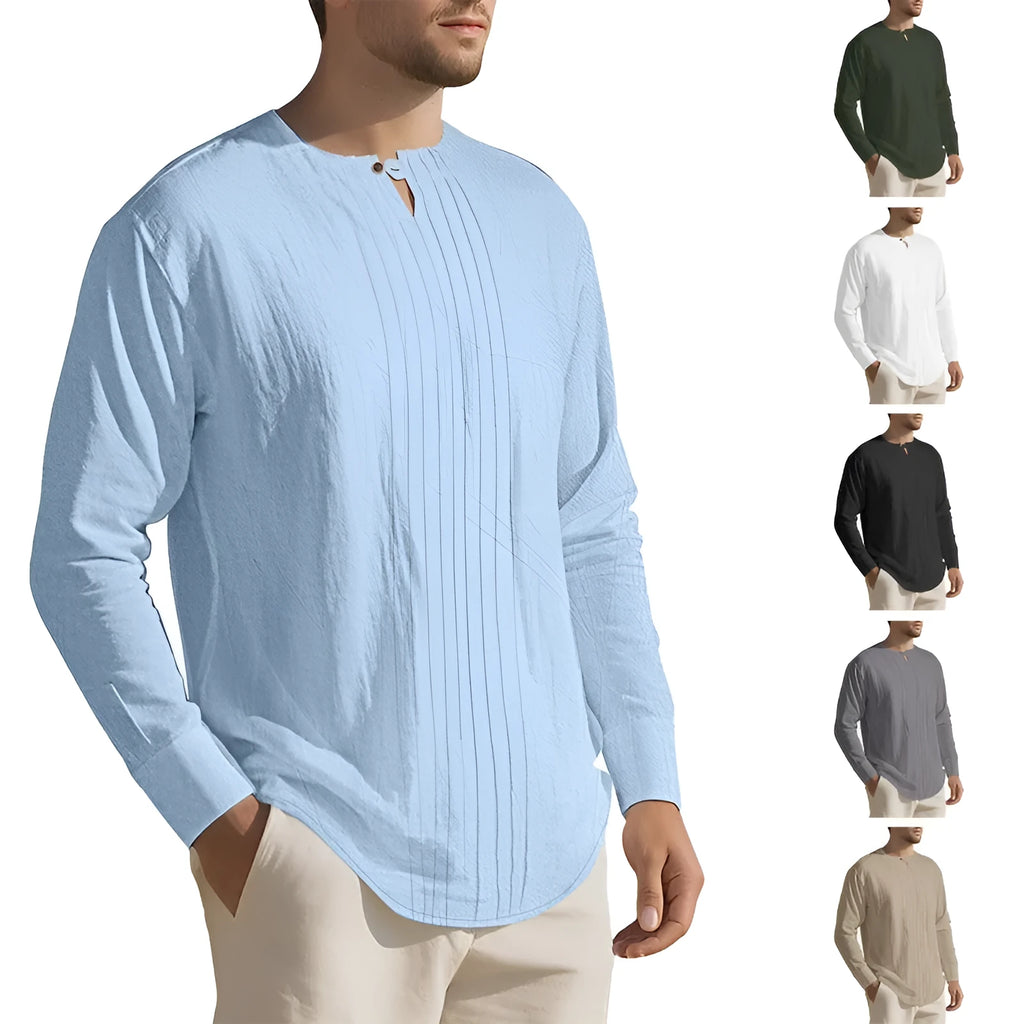 Men's casual long sleeve solid colour linen style top in polyester, available in Black, White, Khaki, Light Gray, Ocean Green, Light Blue