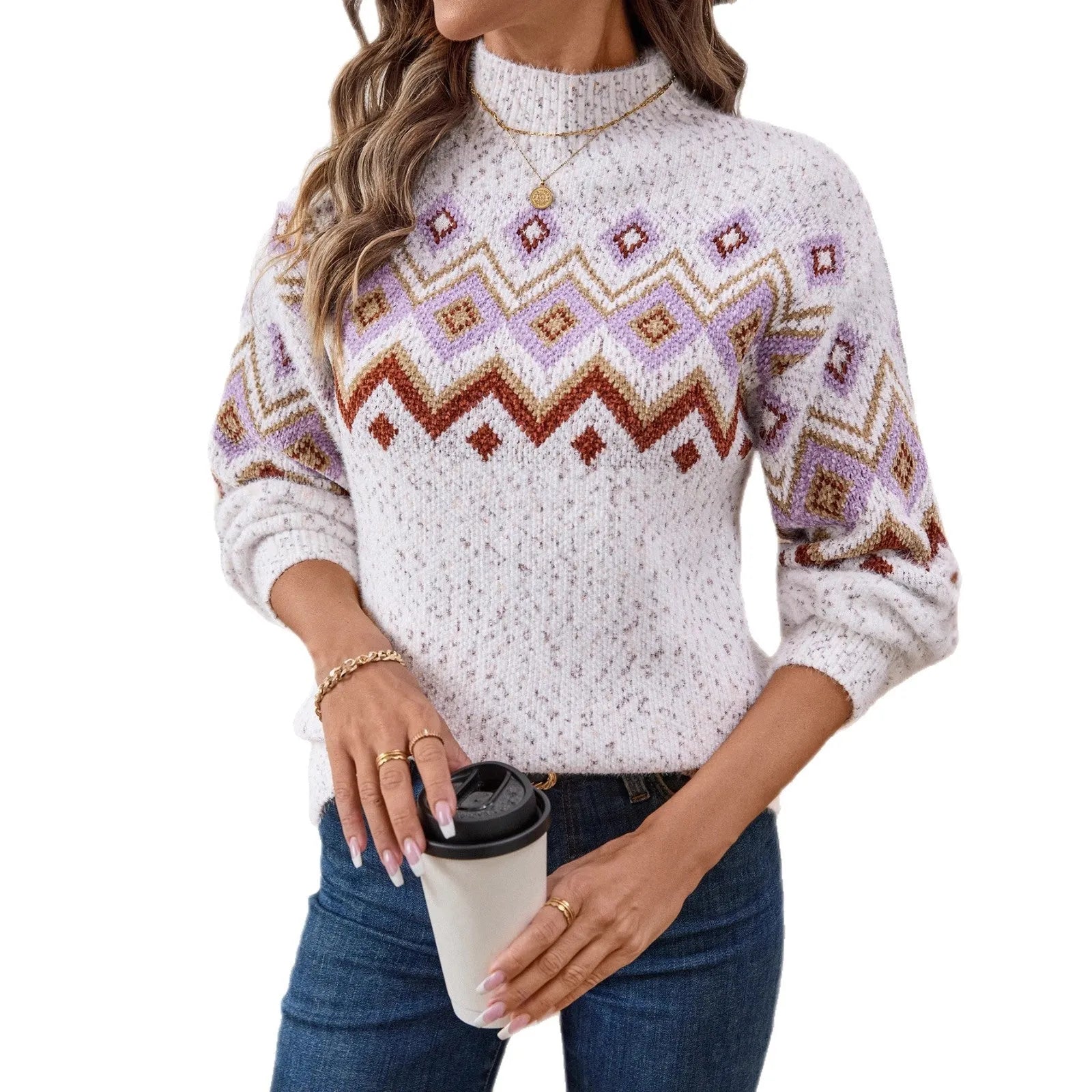 White half turtleneck loose sweater with jacquard geometric pattern and long sleeves.