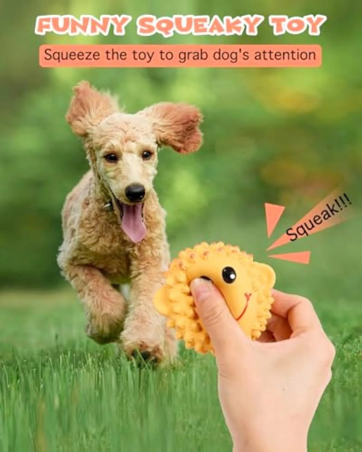 Orange and yellow latex squeaky dog toys with spiky texture for teeth cleaning