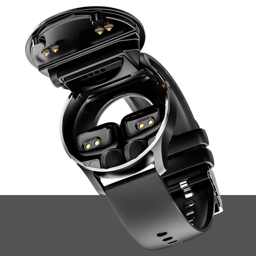 Black X7 smartwatch with integrated TWS earphones on a wrist, showing its 1.32-inch touchscreen and zinc alloy case.