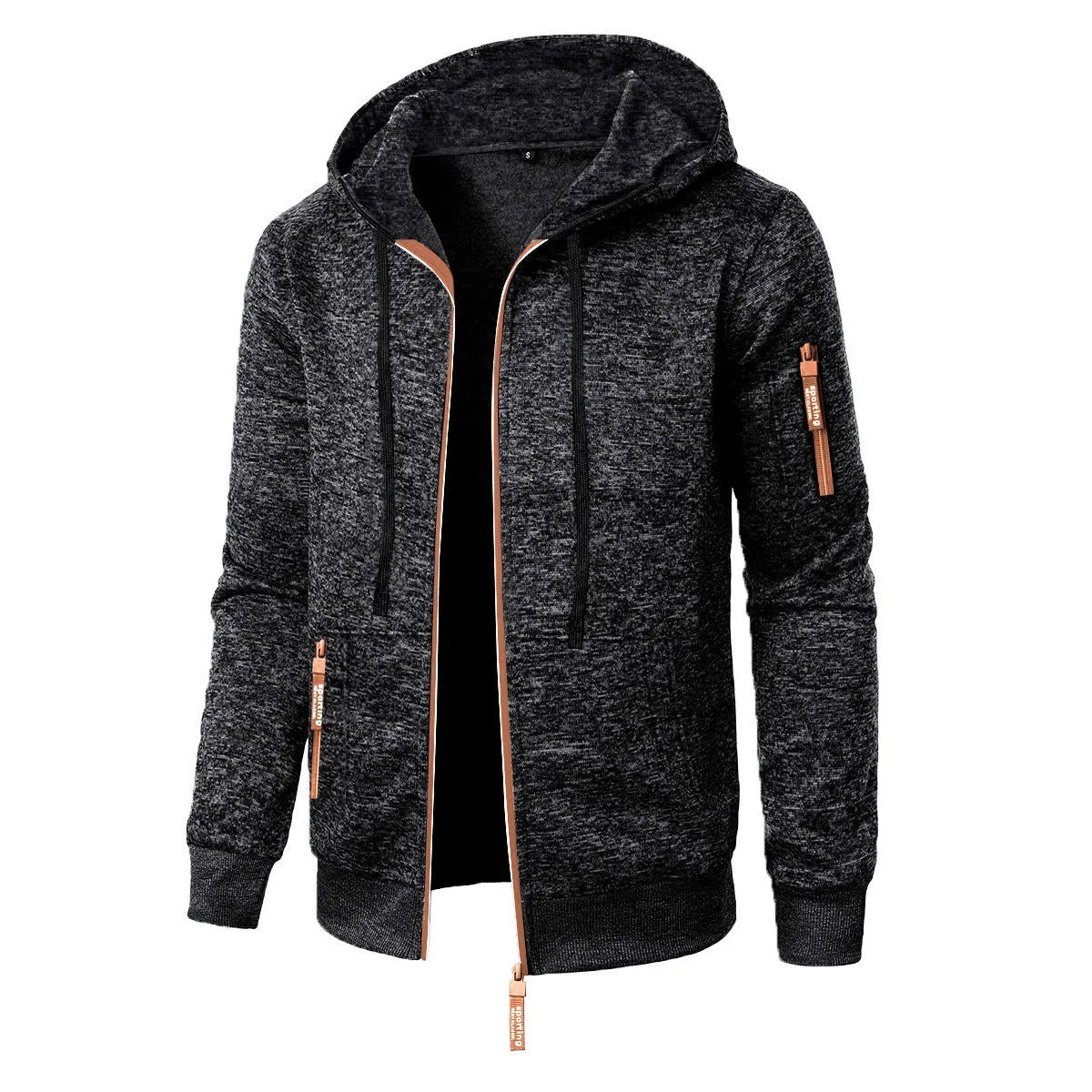 Men's polyester jacquard hooded coat, solid colour, straight cardigan style, sizes S to 3XL