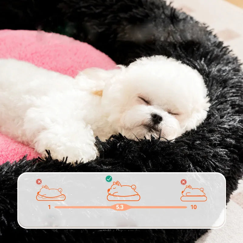 Blue Elf Briquettes plush kennel pet bed with raised bolster edge for dogs or cats, shown in a home setting.