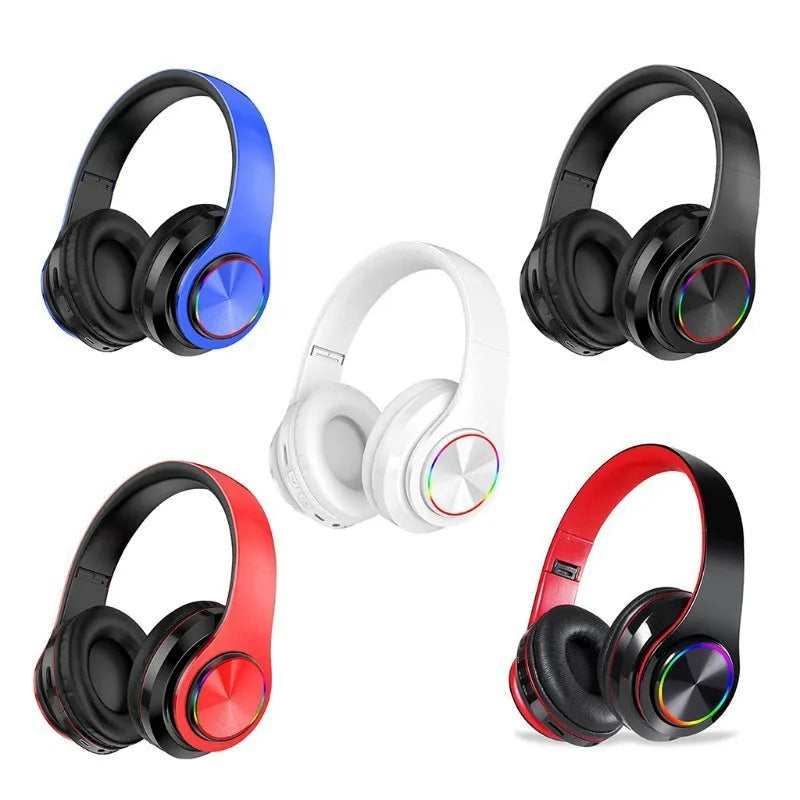 Wireless Bluetooth gaming headset in black, white, red, and black/red colour options on a plain background.