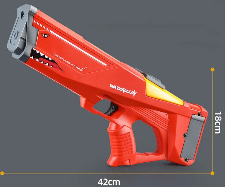 Red electric shark water gun with 500ml tank and 44cm barrel, shown with battery and USB cable