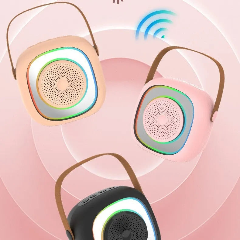 Wireless home karaoke audio microphone kit with Bluetooth unit, showing colour options like black double wheat.