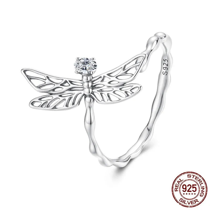S925 Sterling Silver Dragonfly Open Ring with Inlaid Zircon Adjustable Size