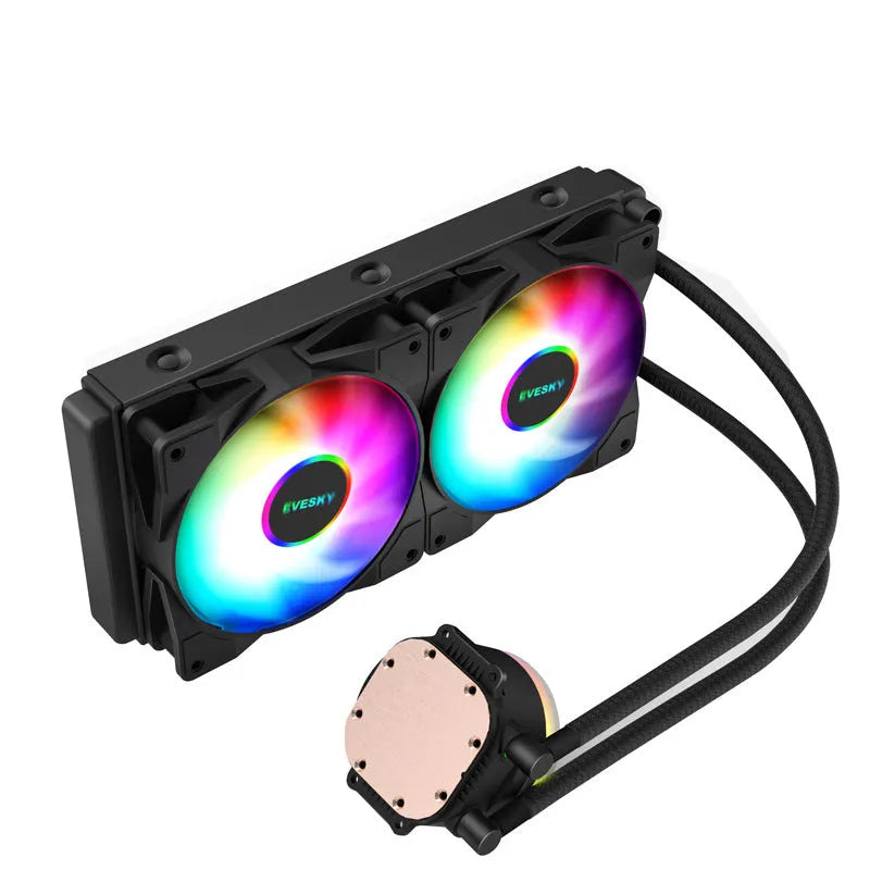 Aluminium CPU radiator with fan, shown in 120mm size with colour options.