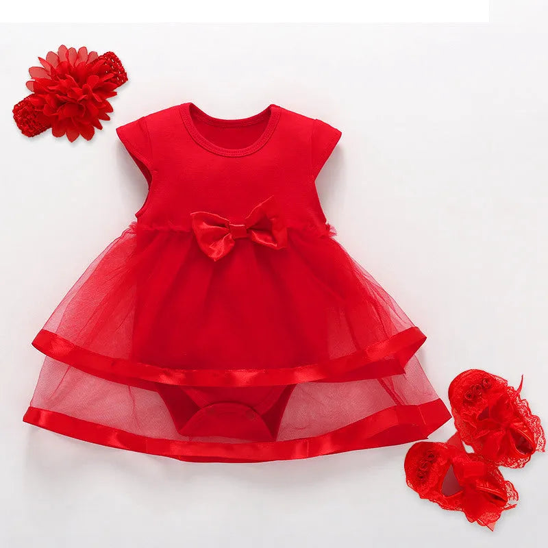 Baby girl red lace princess dress with matching shoes and hairband Korean style cotton outfit
