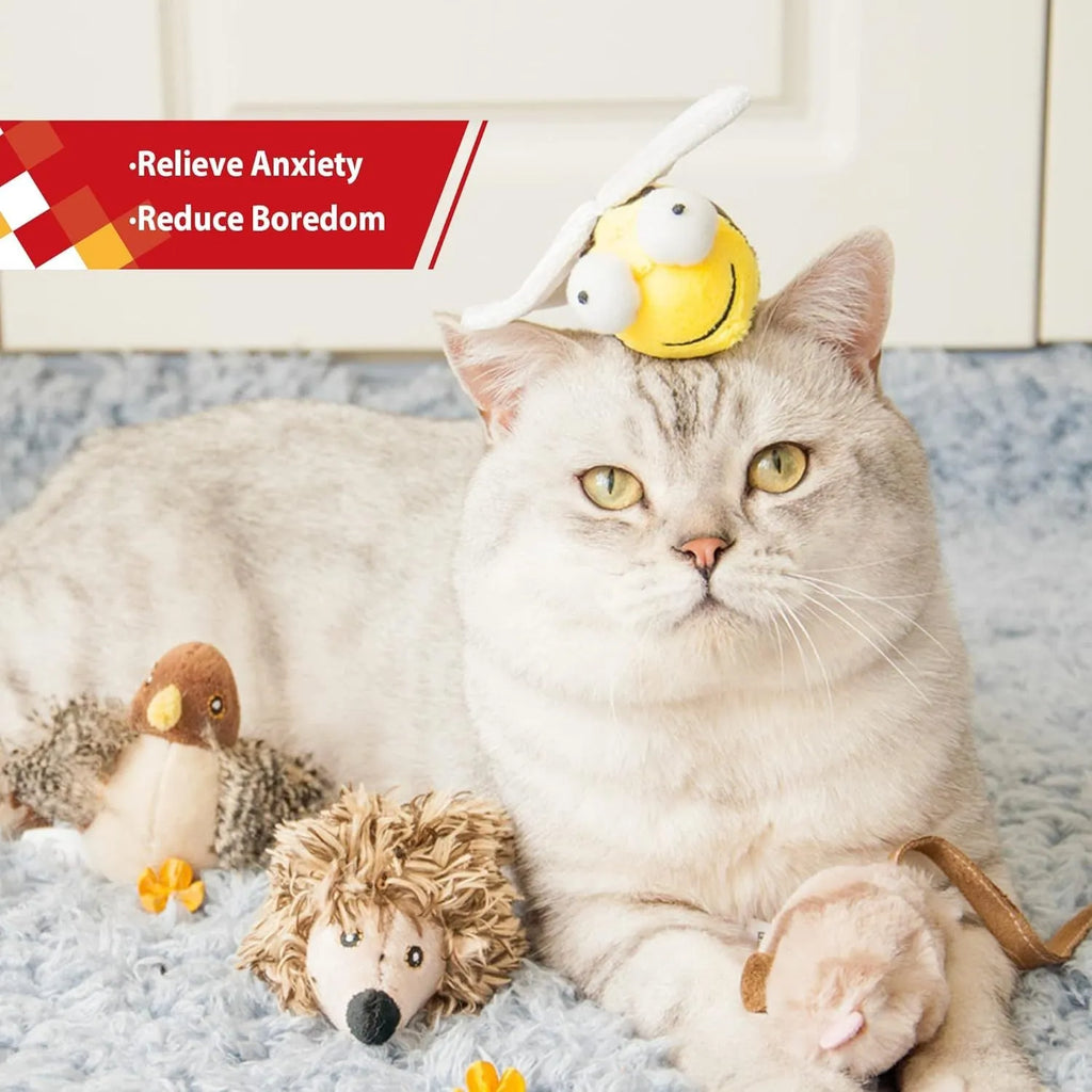 Yellow flannelette bee-shaped interactive cat toy with electronic squeaking mechanism
