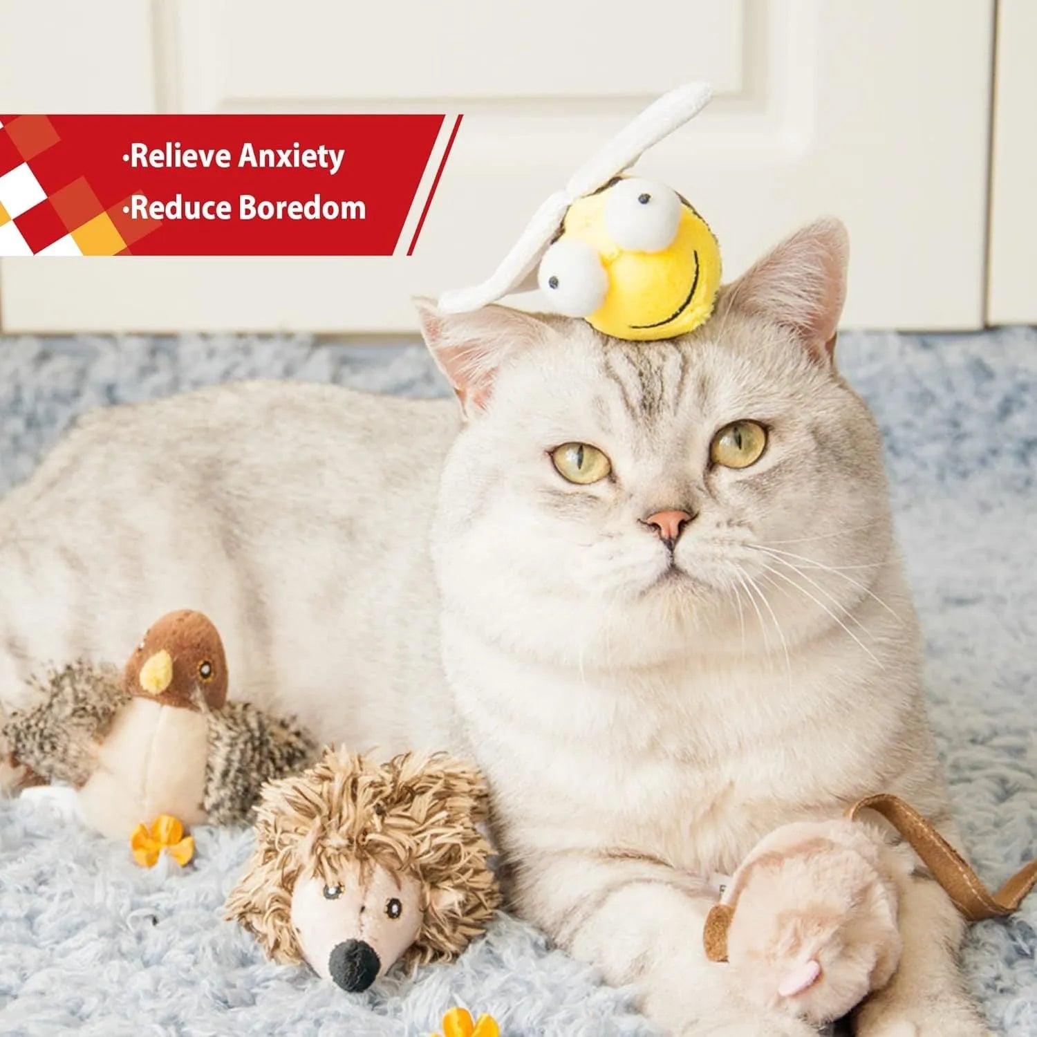 Yellow flannelette bee-shaped interactive cat toy with electronic squeaking mechanism