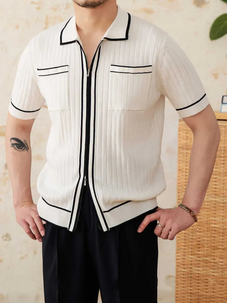 Slim elastic lapel polo shirt in viscose blend fabric, black and white colour options