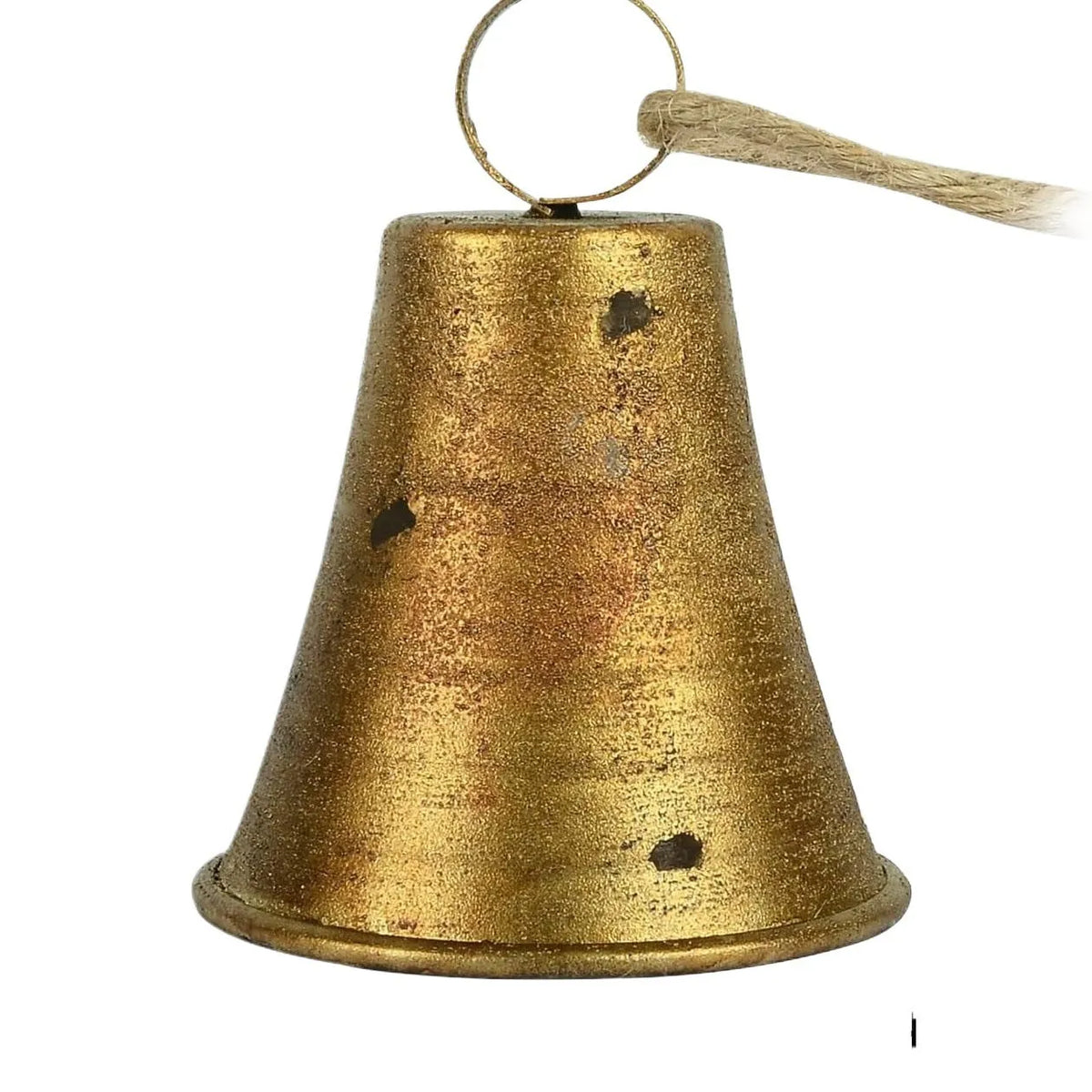 Four retro country handmade metal bells in two colour styles on a rustic wooden background