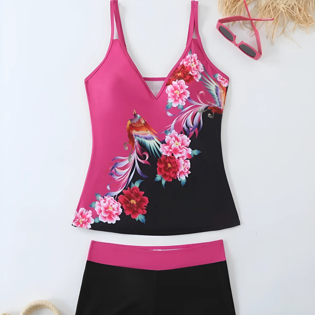 Women's plus size printed swimsuit in black or rose red, shown in briefs style.