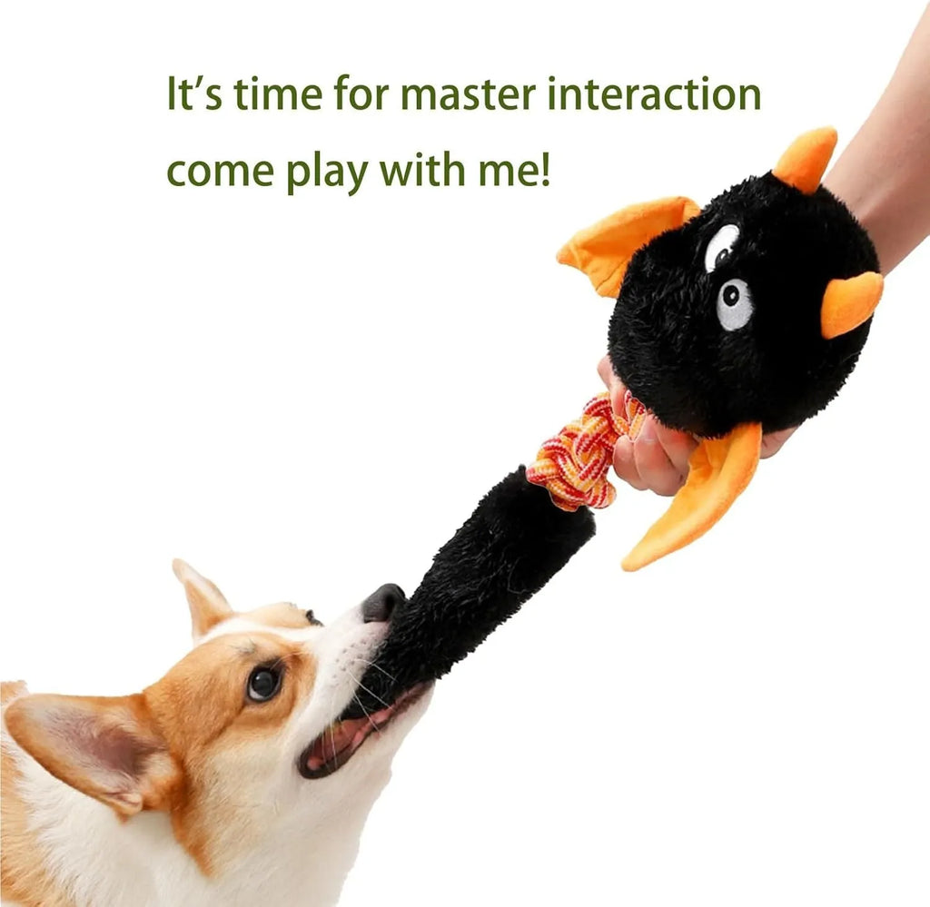 Large black plush dog toy with a rope knot, showing cartoon shape and soft texture.