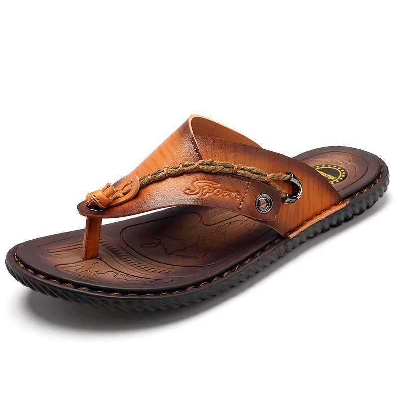 Men's black casual PU leather slippers with non-slip sole, shown from the side.